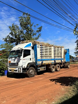 A long truck with trailer packed with sugar cane