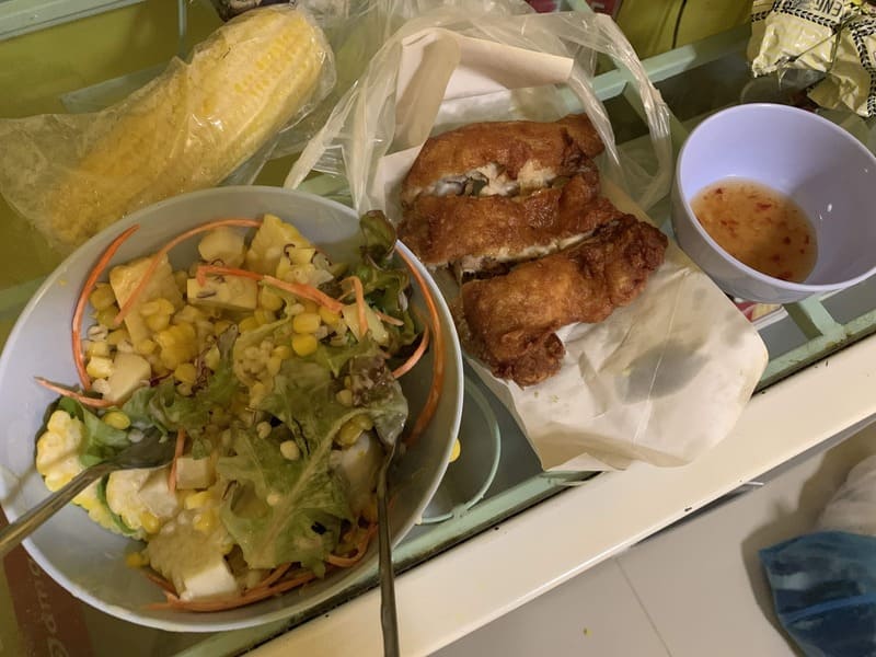 Corn salad and fried chicken