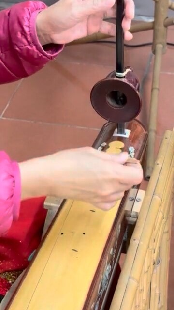 a woman plays a traditional instrument