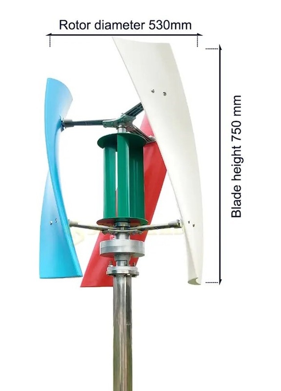 aanzicht met afmetingen van onze nieuwe driekleurenwindturbine